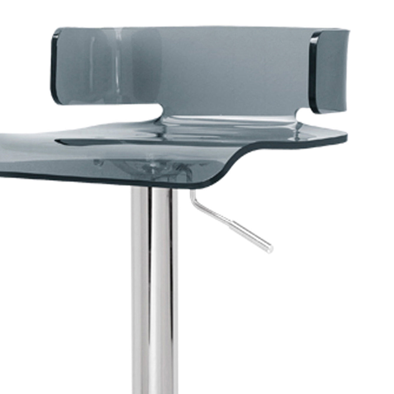 Smoky grey acrylic bar stool with a sleek modern design and chrome pedestal