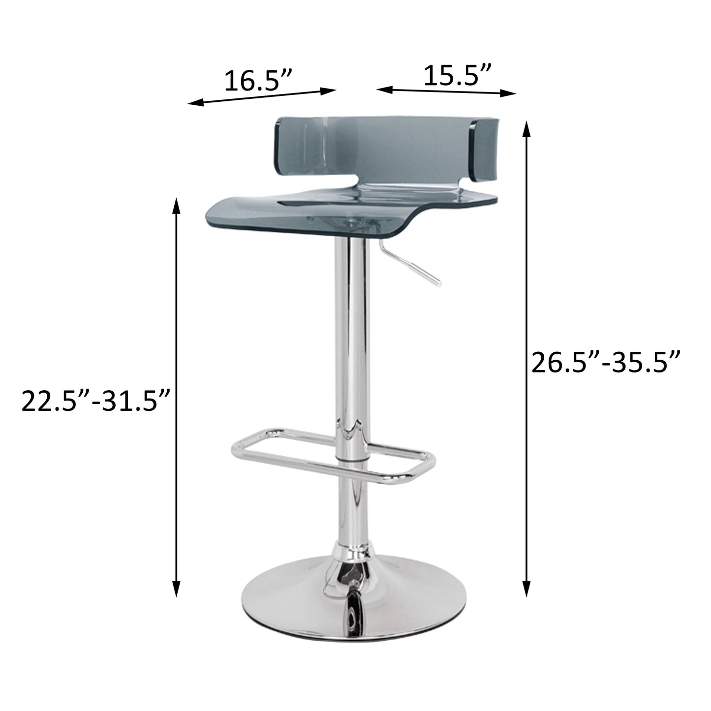 Smoky grey acrylic bar stool with adjustable chrome base and footrest