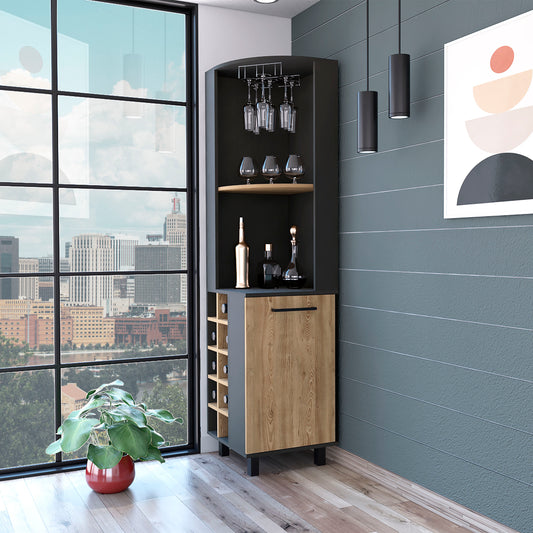 TREATLIFE HOME Bar Cabinet with Cup Rack and Wine Storage for 10 Bottles, Black Wengue and Pine Finish