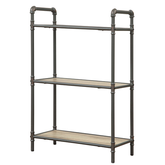 Industrial pipe shelving unit with three light wood shelves and dark metal frame