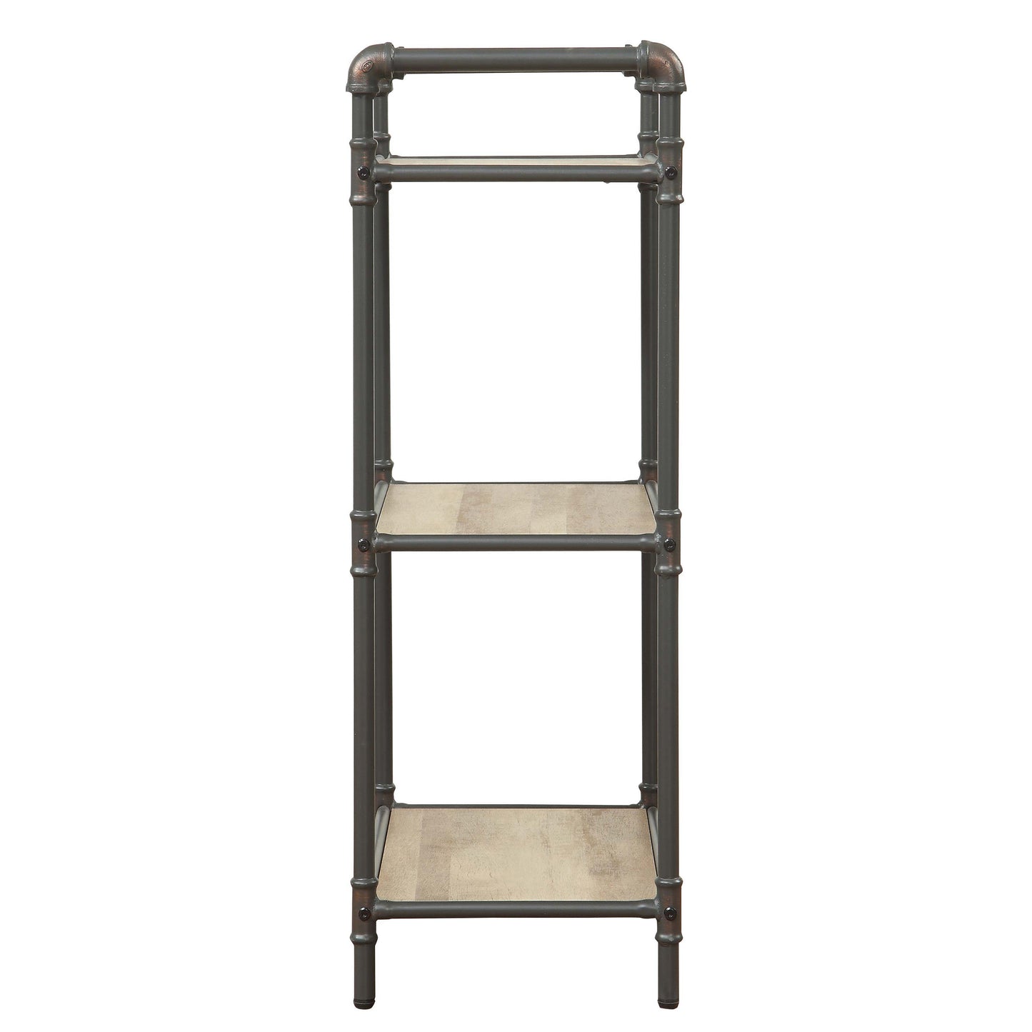 Industrial pipe shelf with three light wood shelves and dark grey metal frame perfect for storage