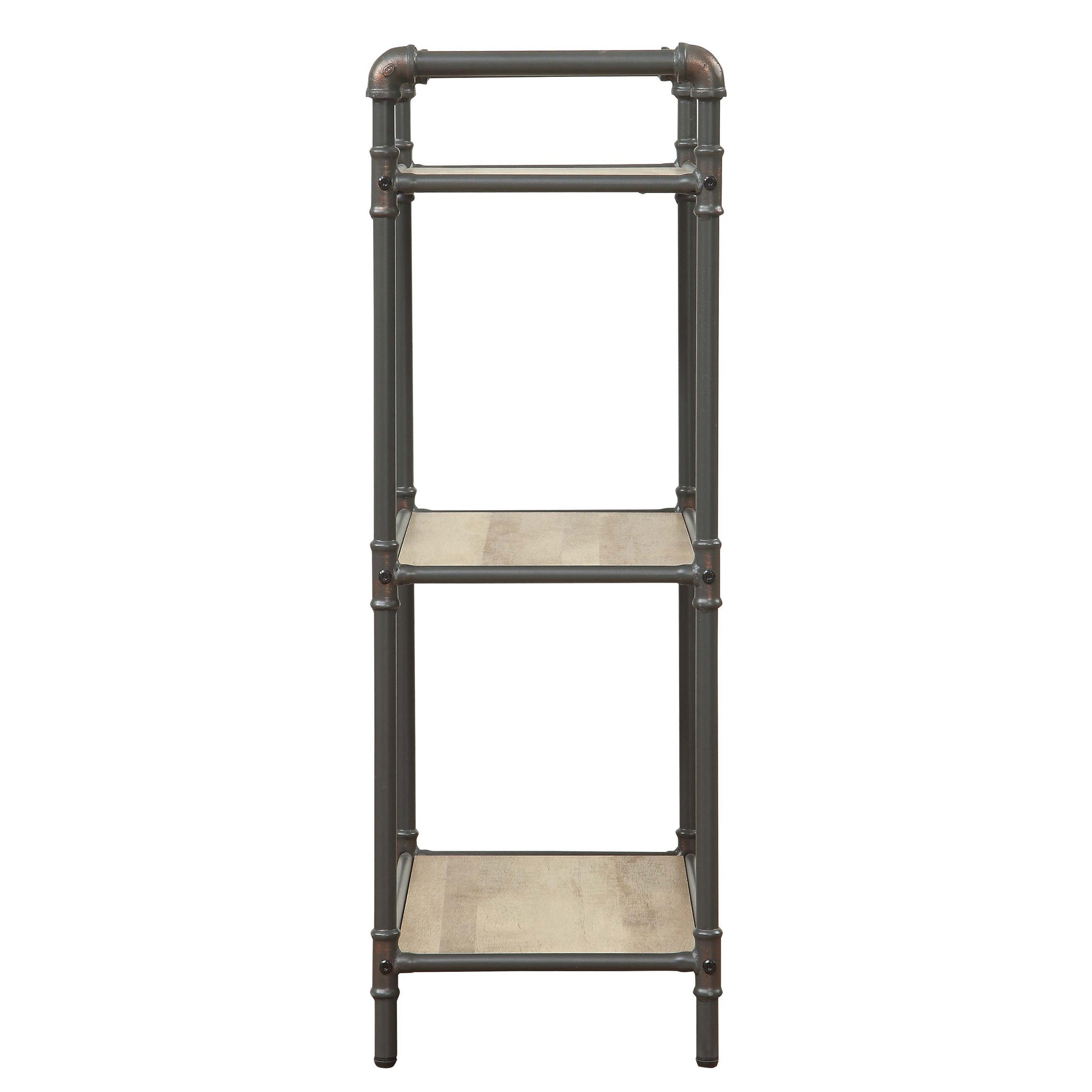 Industrial pipe shelf with three light wood shelves and dark grey metal frame perfect for storage