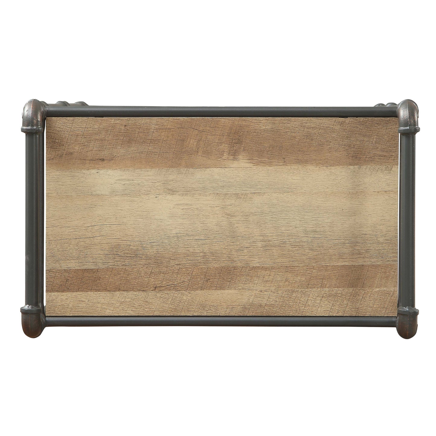 Rustic wooden shelf with dark metal pipe frame suitable for industrial decor