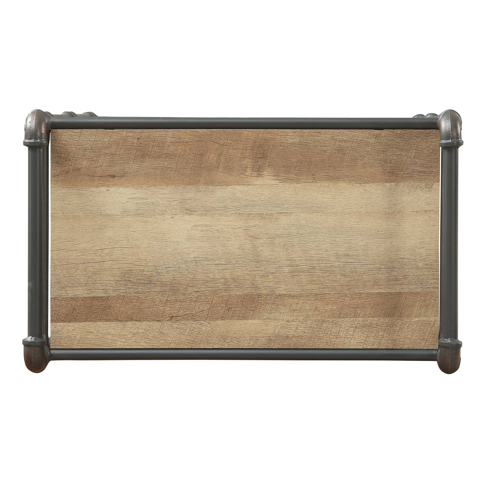 Rustic wooden shelf with dark metal pipe frame suitable for industrial decor