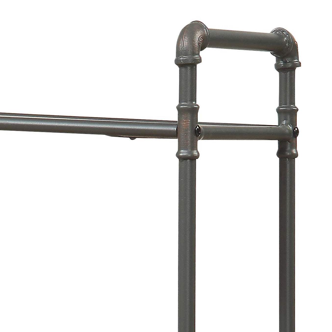 Dark grey industrial pipe shelf bracket with elbow joint detail