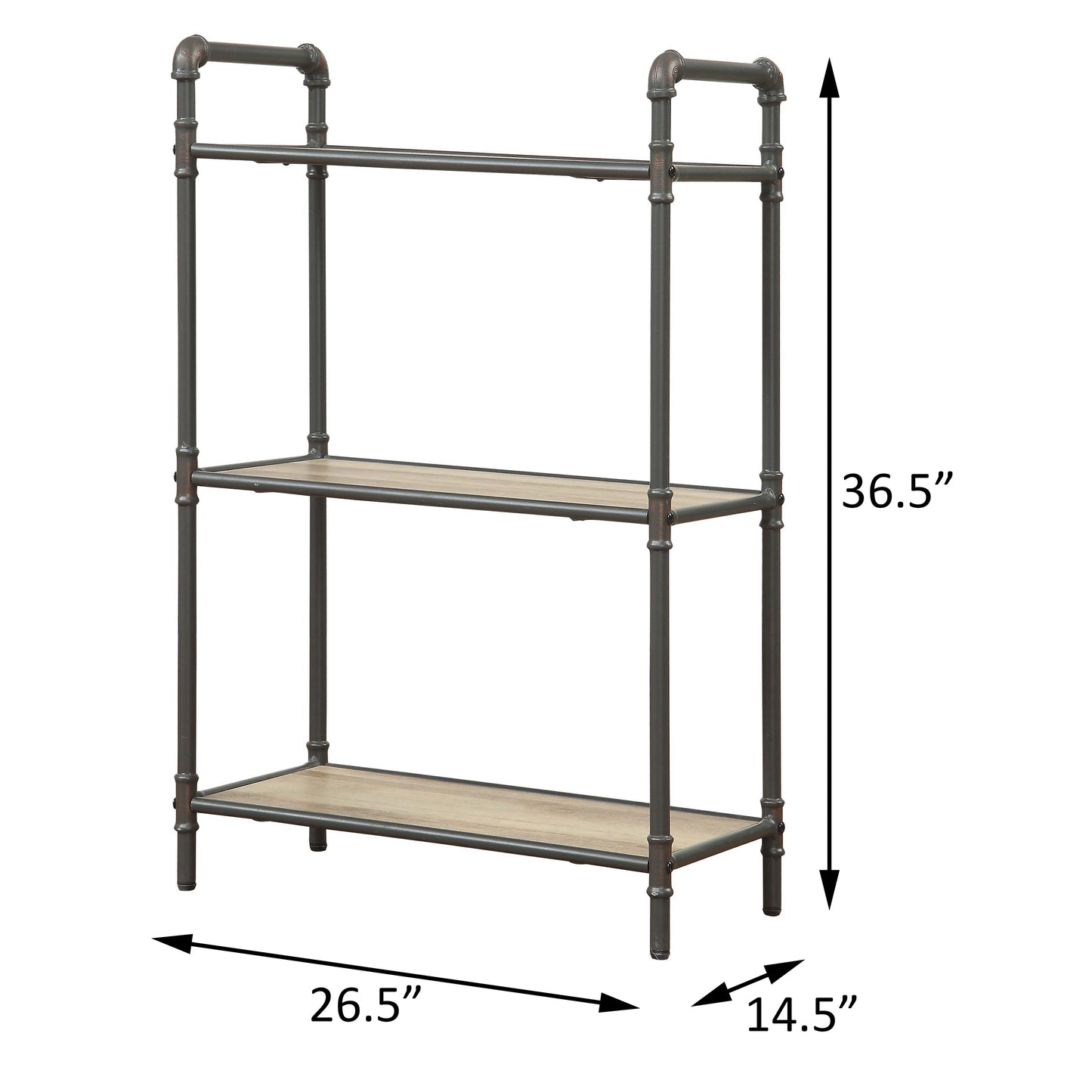 Industrial pipe shelf with three woodlook shelves and dark metal frame