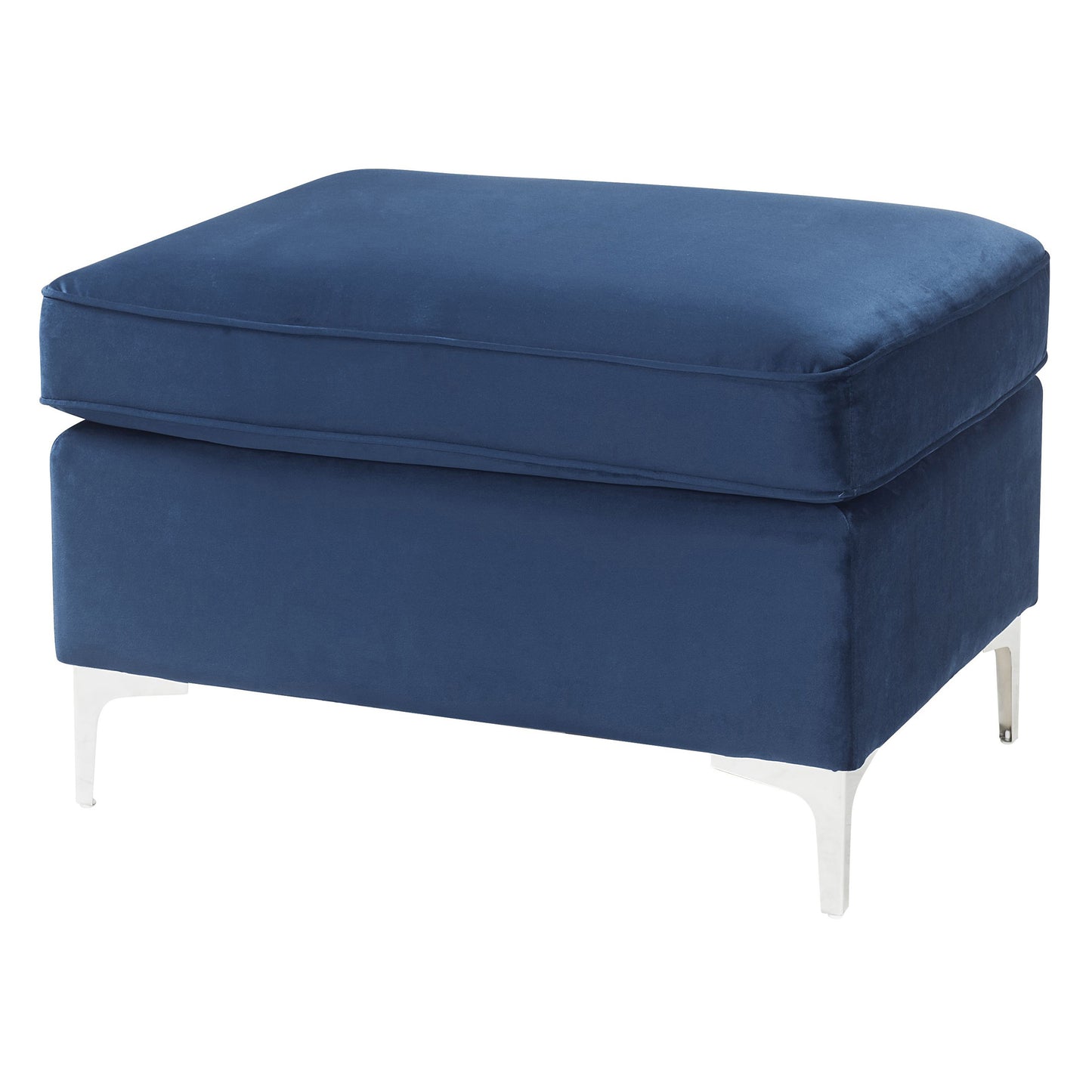 Navy blue velvet ottoman with tufted cushion and silver metal legs