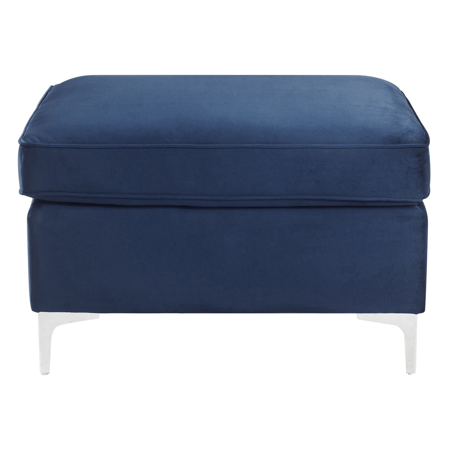 Navy blue velvet upholstered ottoman with white tapered legs perfect for living rooms