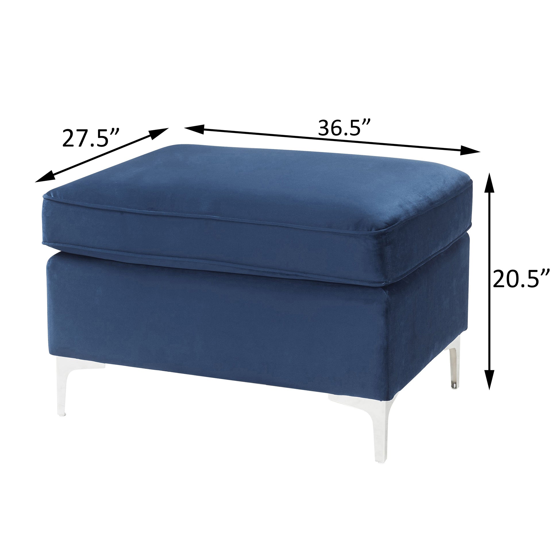 Navy blue velvet ottoman with a tufted top and silver legs  W x  D x  H