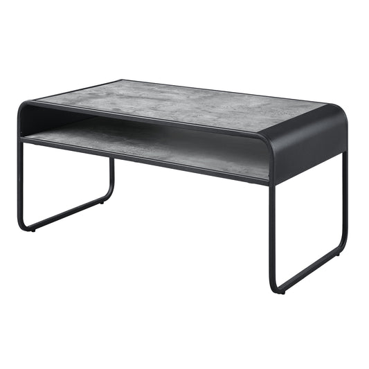 Modern coffee table with faux concrete top and black metal frame featuring a lower shelf for storage