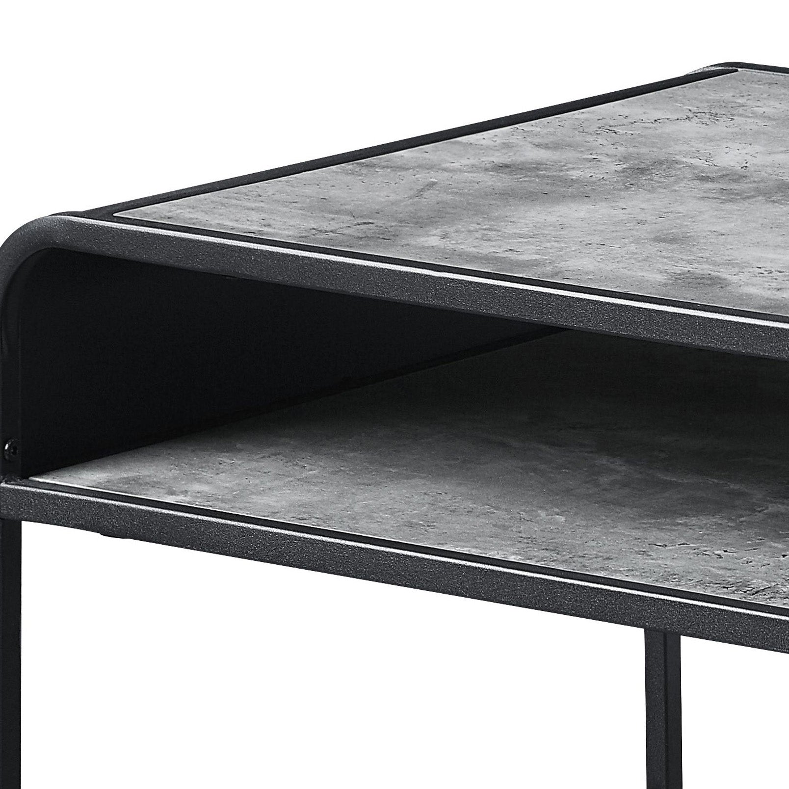 Industrial style entertainment center with a faux concrete top and black metal frame