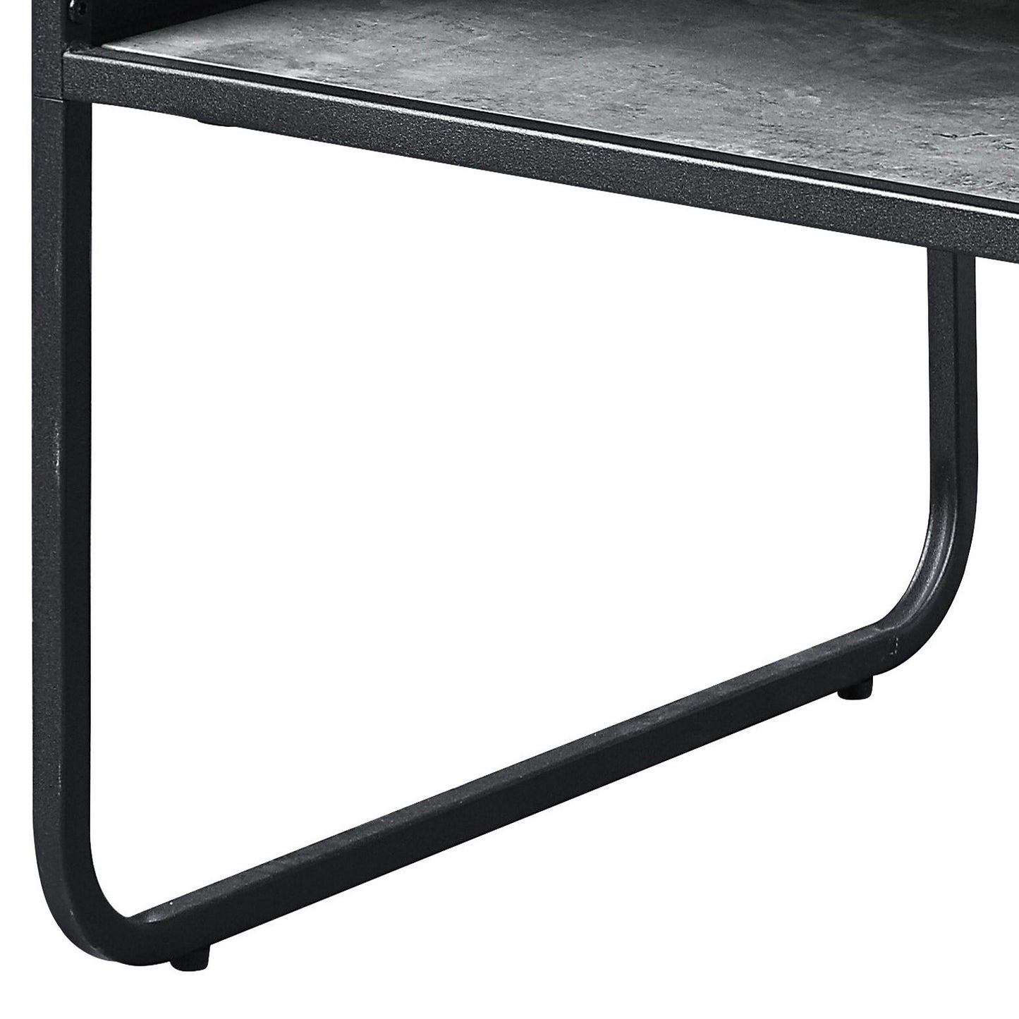 Modern black metal bookshelf frame with faux stone shelf detail