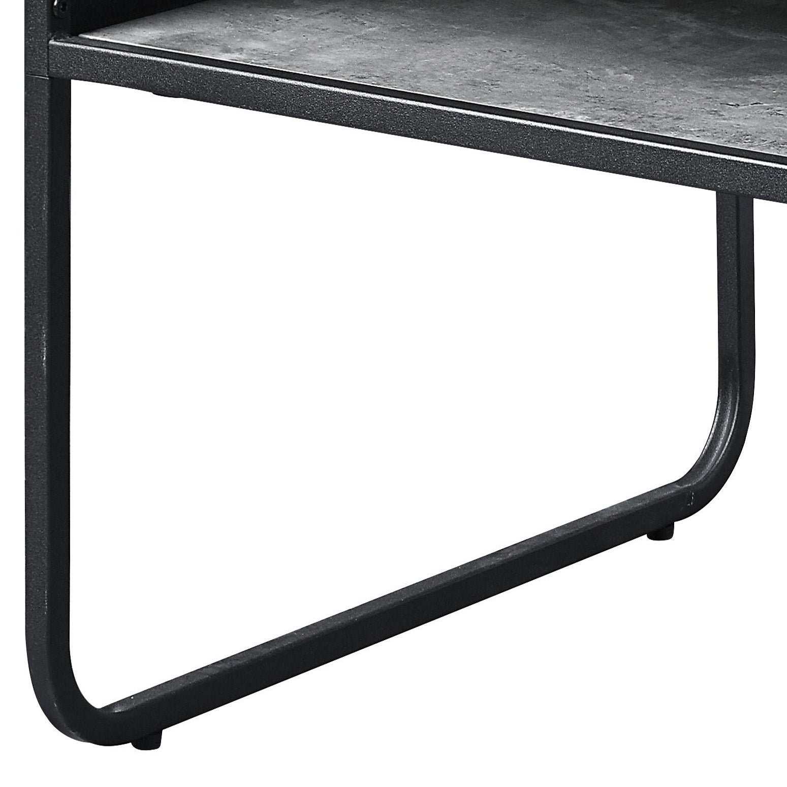 Modern black metal bookshelf frame with faux stone shelf detail