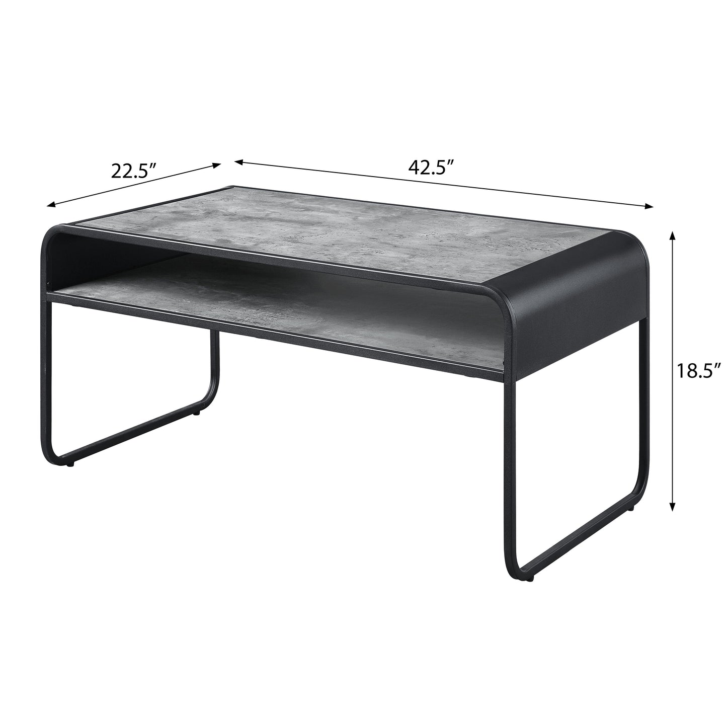 Modern black metal coffee table with gray concrete top and lower shelf Dimensions  L x  W x  H