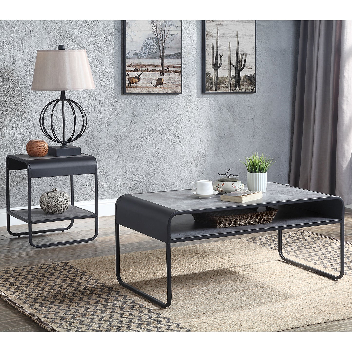 Modern gray coffee table with black metal frame and bottom shelf ideal for living rooms