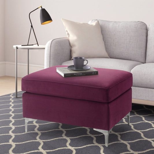 Plush berry velvet ottoman with silver tapered legs perfect accent for living room