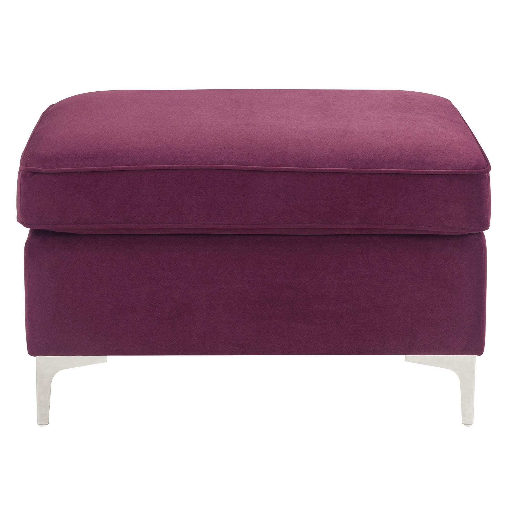 Plush velvet ottoman in plum with elegant silver metal legs a versatile piece for any living room