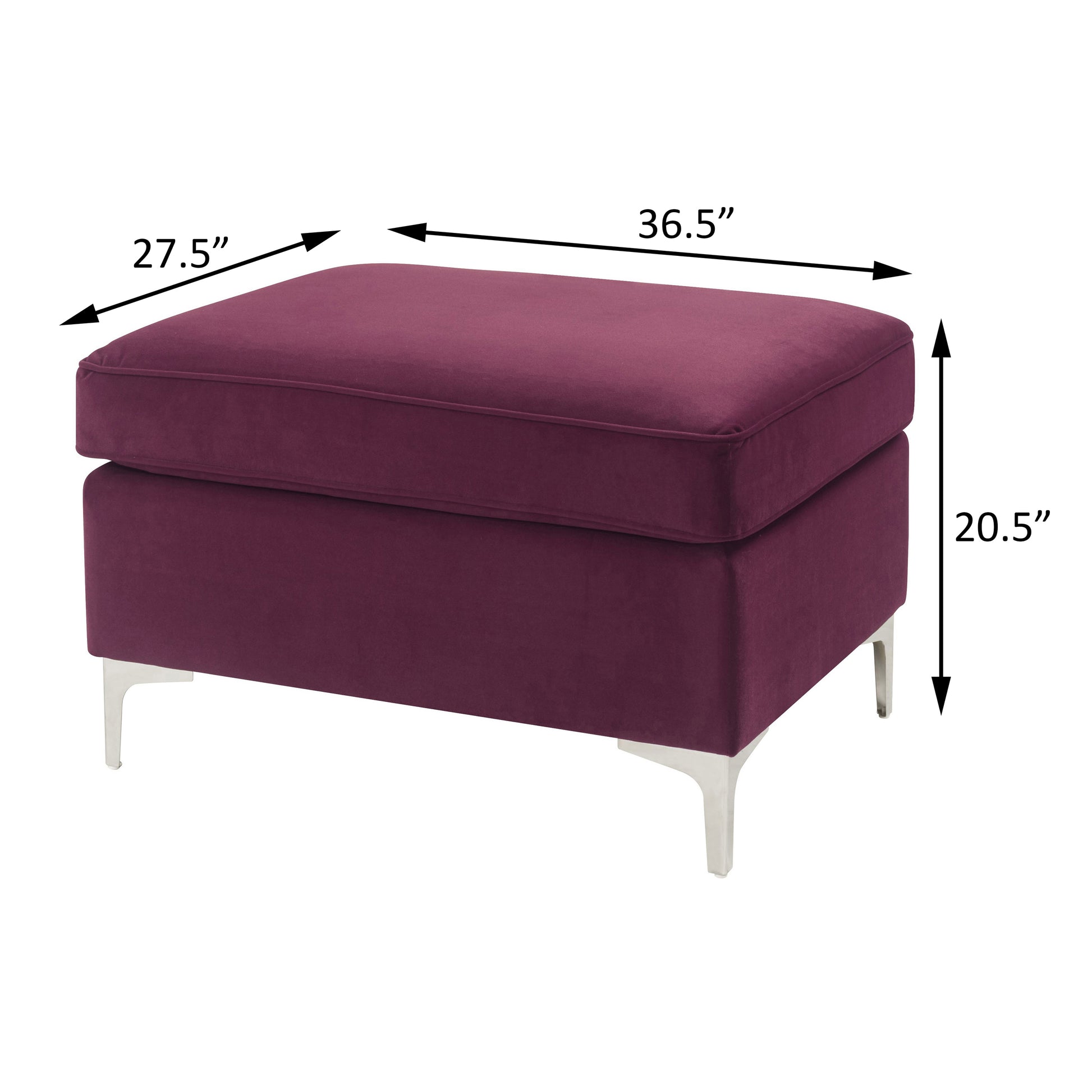 Plush plum velvet rectangular ottoman with a cushioned top and silver metal legs