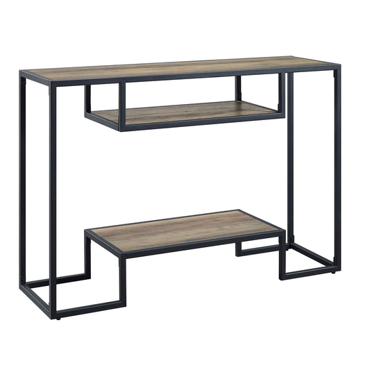 Industrial style console table with dark wood shelves and black metal frame