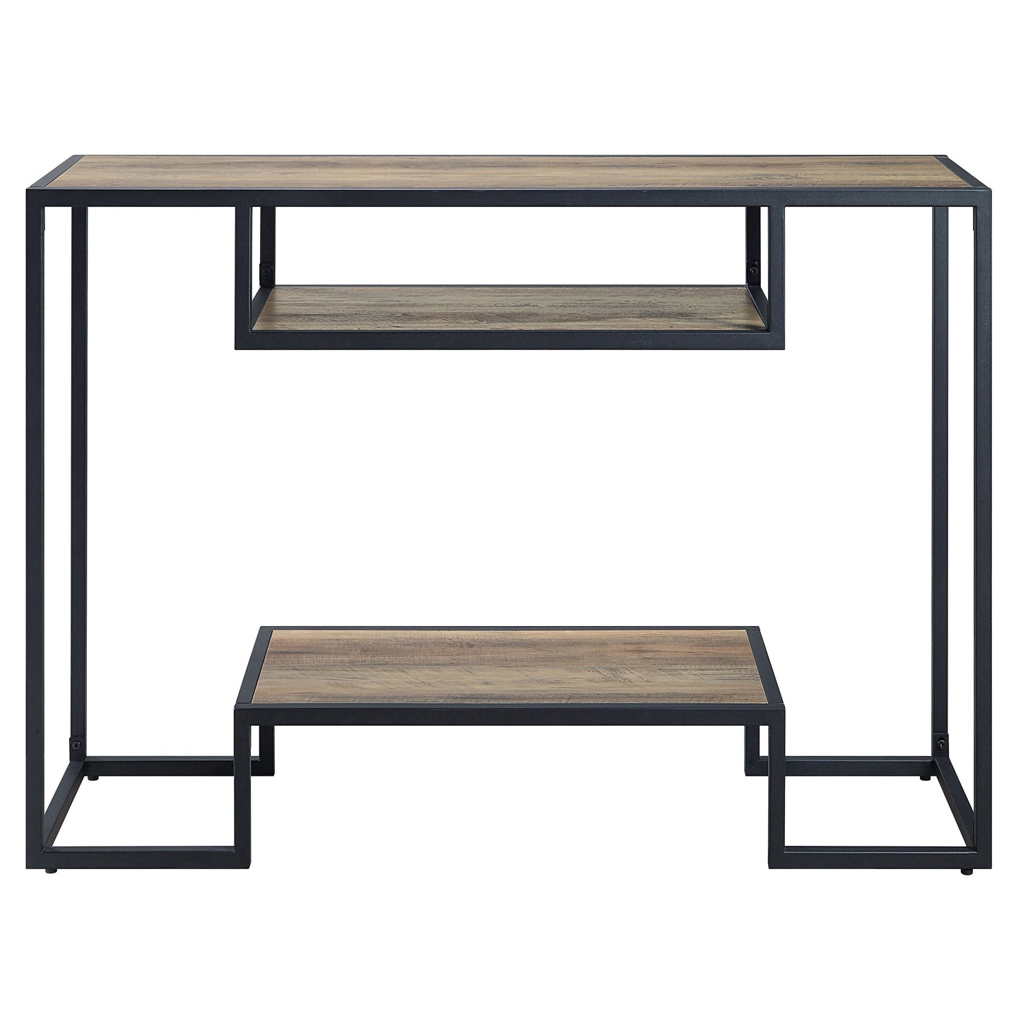 Industrial console table with weathered wood finish and black metal frame perfect for entryways