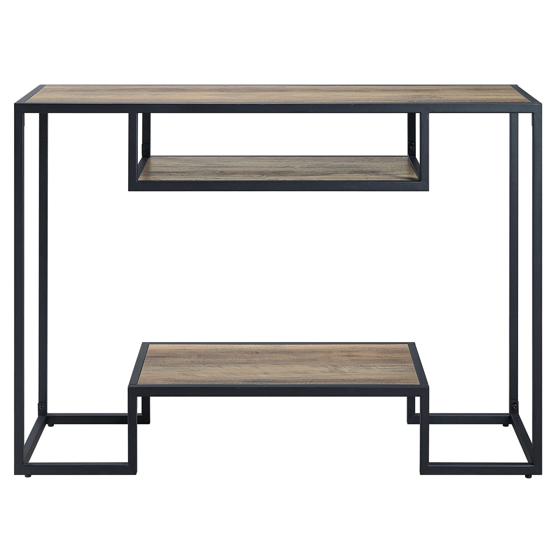 Industrial console table with weathered wood finish and black metal frame perfect for entryways