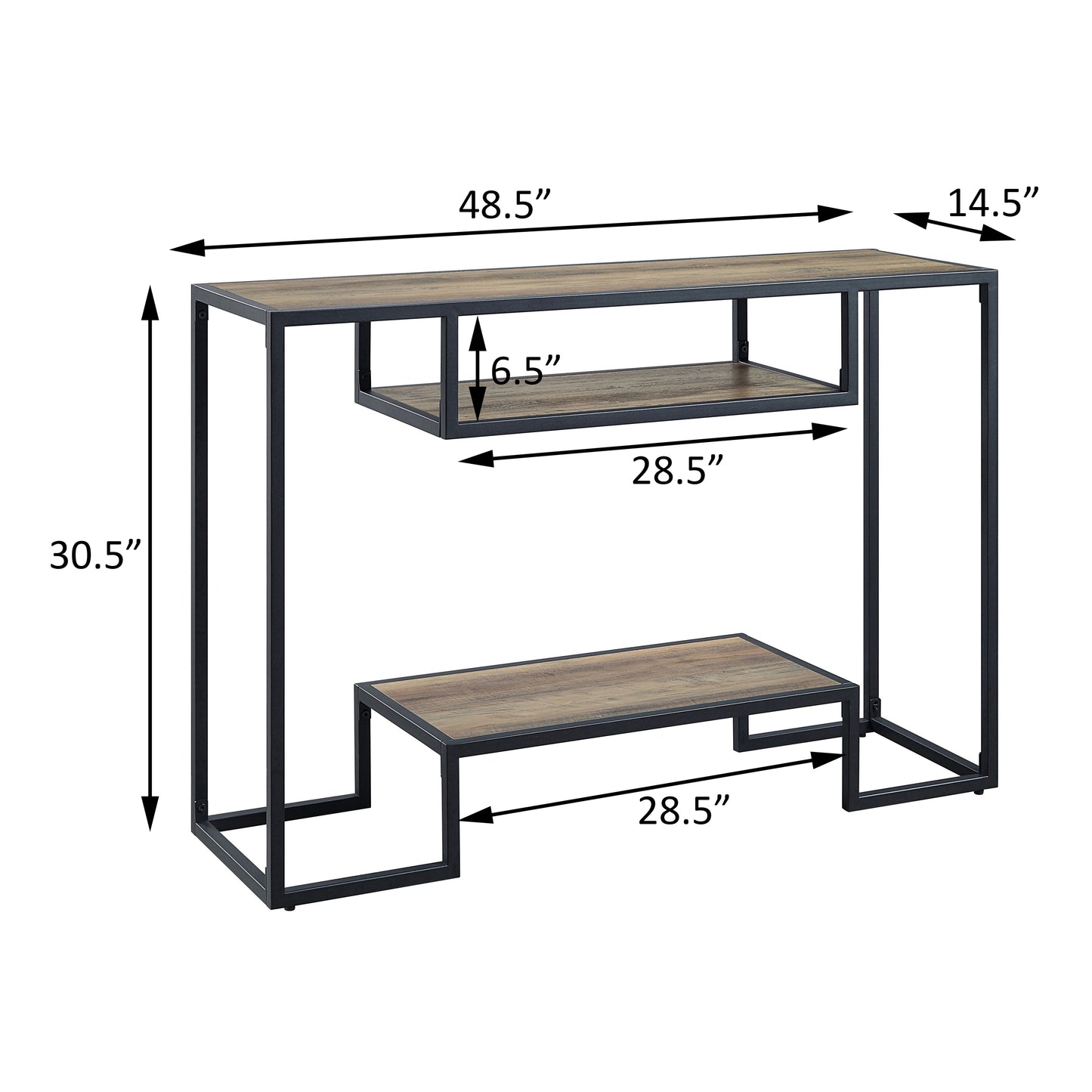 Rustic wood and black metal console table with two shelves  W