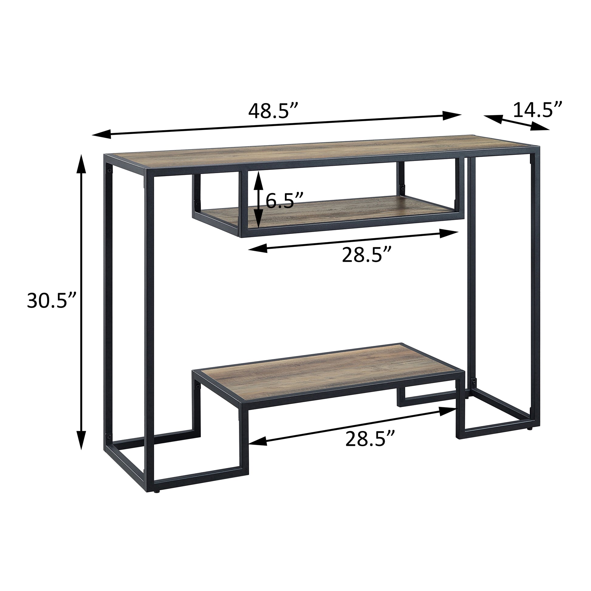 Rustic wood and black metal console table with two shelves  W