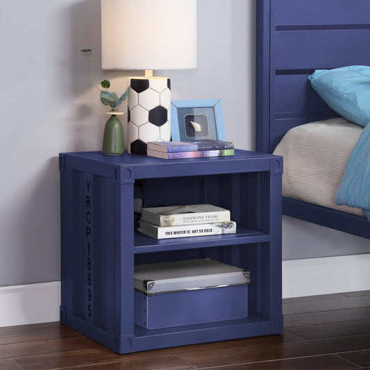 Navy blue industrial style nightstand with two open shelves and a storage box