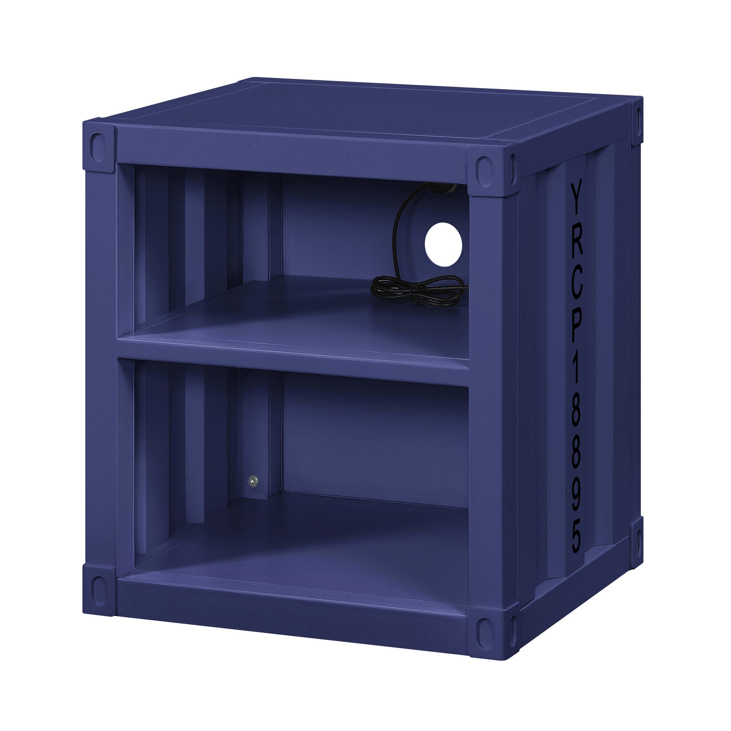 Blue industrial shipping container nightstand with open shelves and power cord cutout