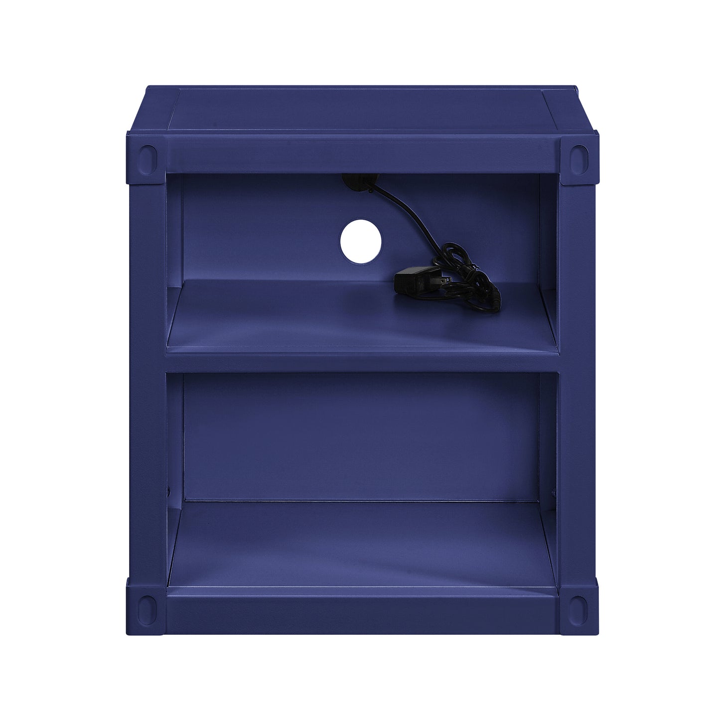 Navy blue modern nightstand with two open shelves and cable management hole