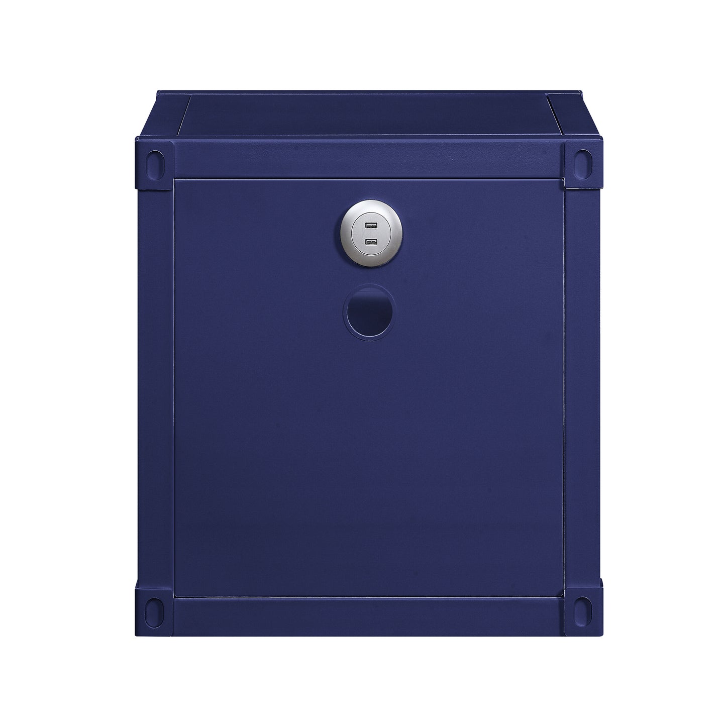 Compact navy blue storage cube with integrated dual USB charging ports on the front