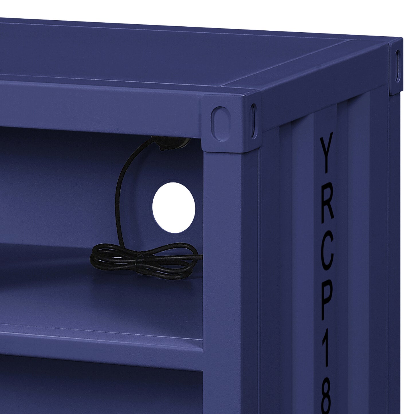 Deep blue industrialstyle media console with cable management cutout
