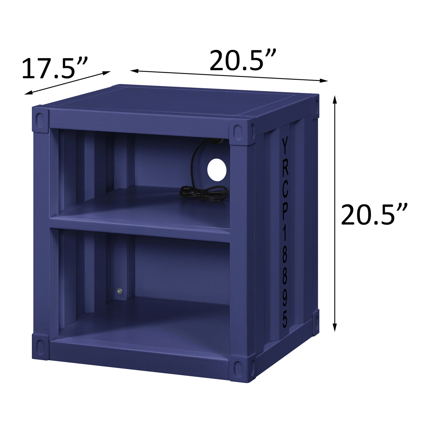 Blue metal storage cabinet with two shelves inspired by shipping containers