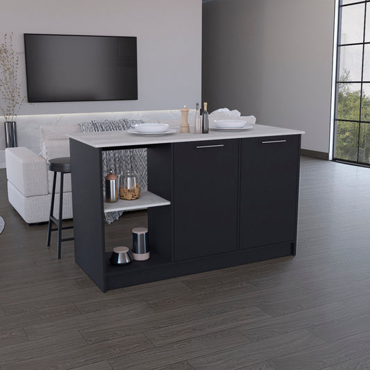 TREATLIFE HOME Kitchen Island with Large Countertop, Open Storage Shelves and Double Door Cabinet, Black
