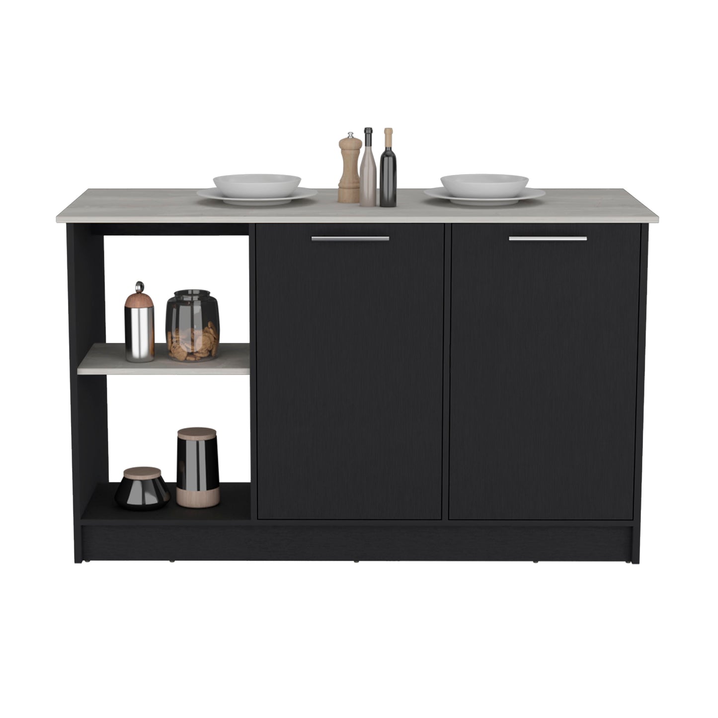 Modern black kitchen island cabinet with a grey countertop and open shelving