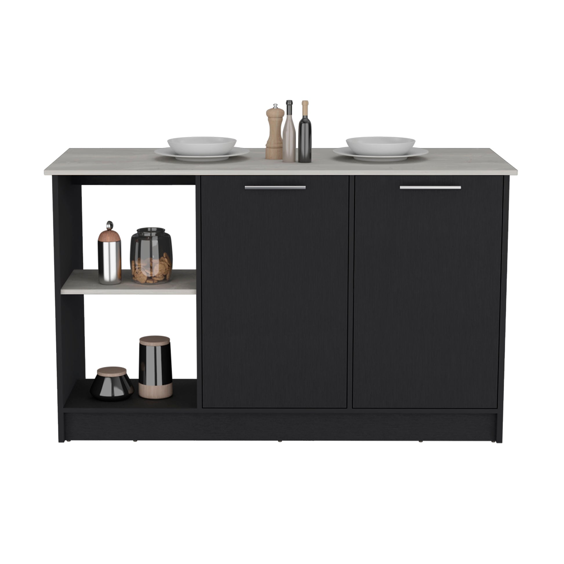 Modern black kitchen island cabinet with a grey countertop and open shelving