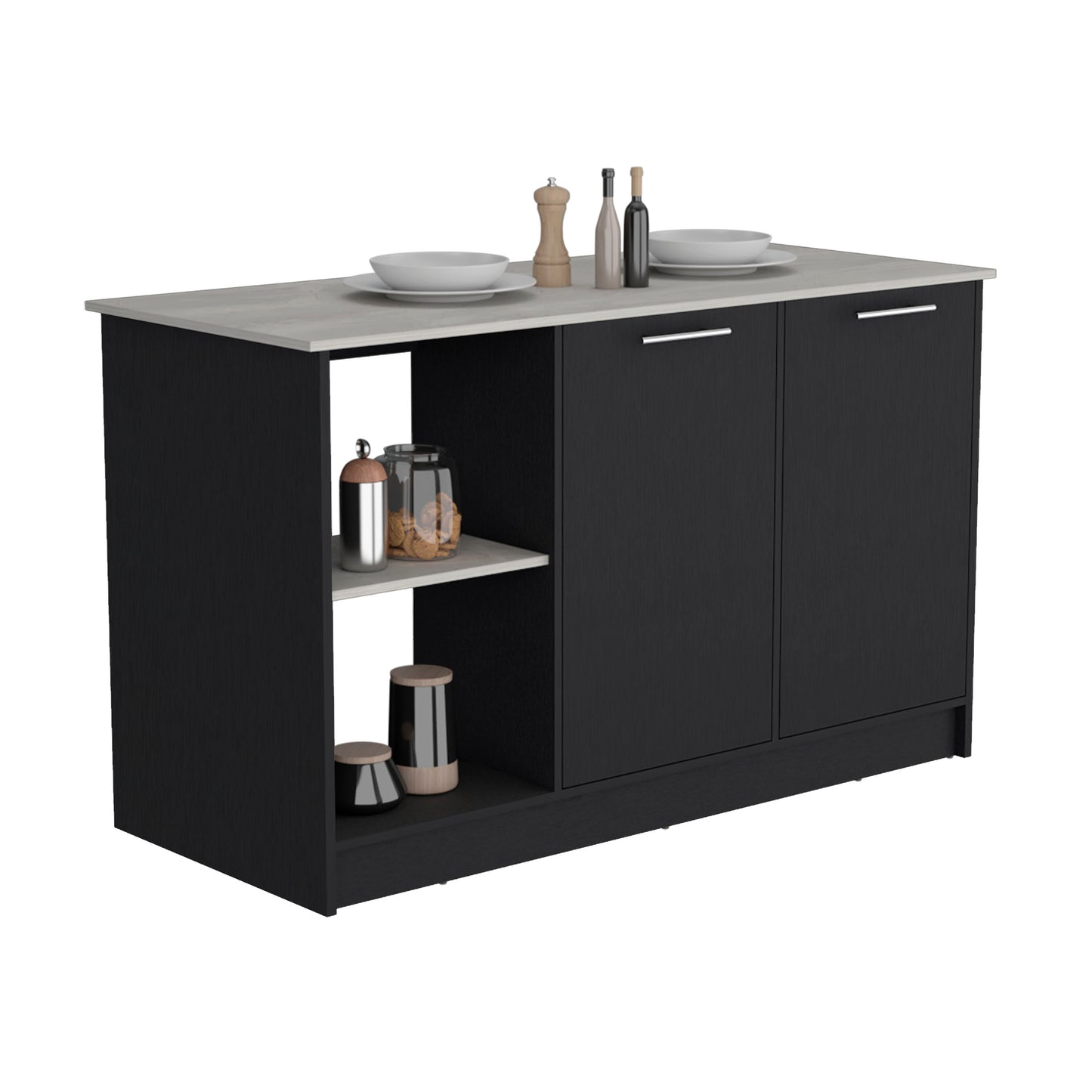 Black kitchen island with a light grey marble countertop and open shelving