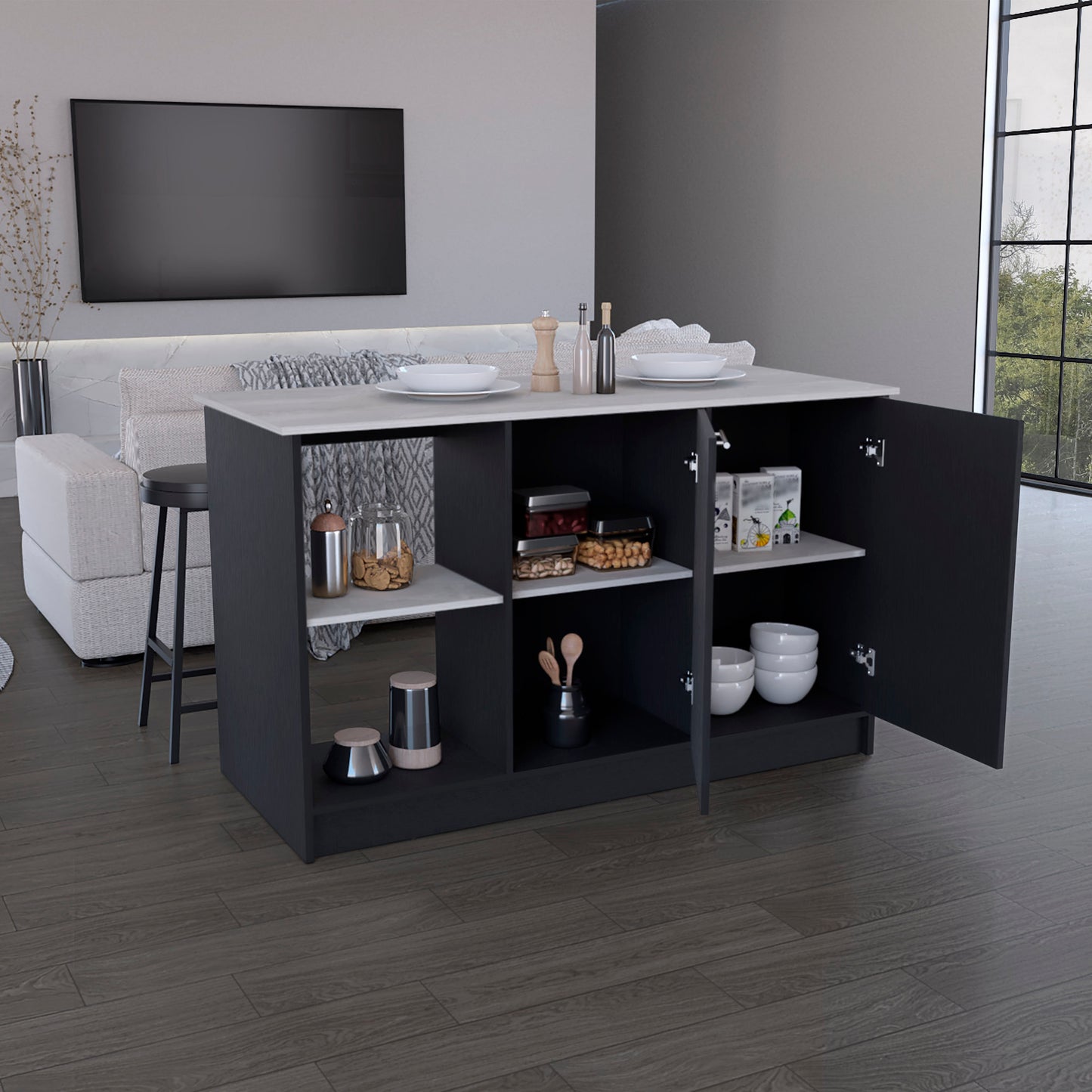 Dark grey kitchen island with open cabinets storing bowls and utensils
