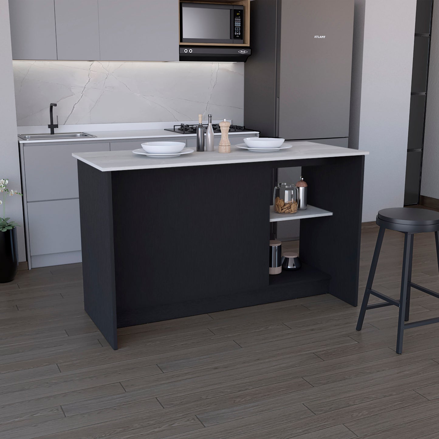 Modern dark grey kitchen island with a white speckled countertop and open shelving for storage