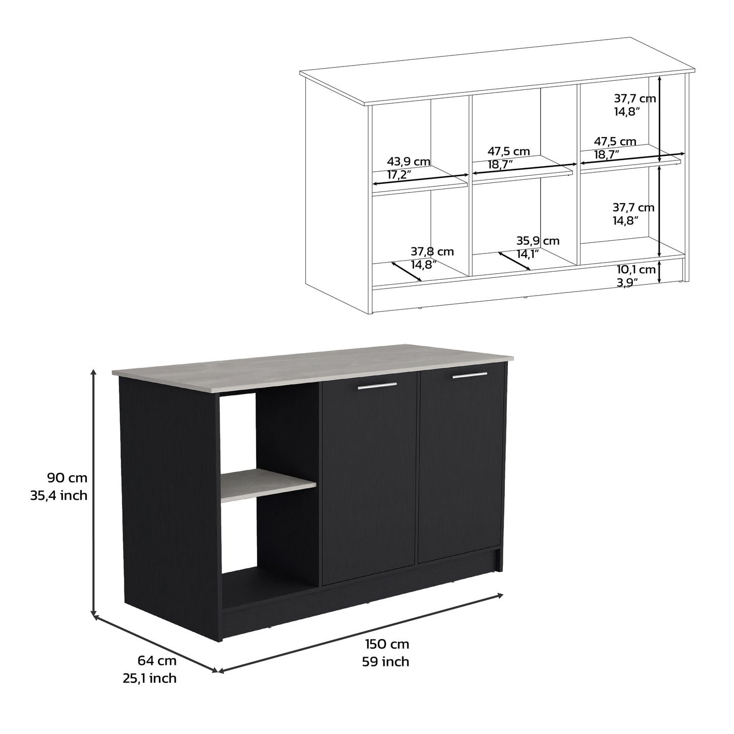 Modern black kitchen island with faux concrete top and open shelving cm wide