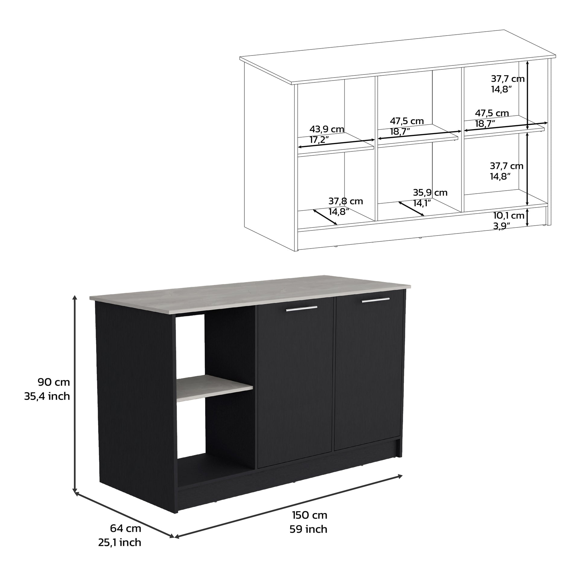 Modern black kitchen island with faux concrete top and open shelving cm wide