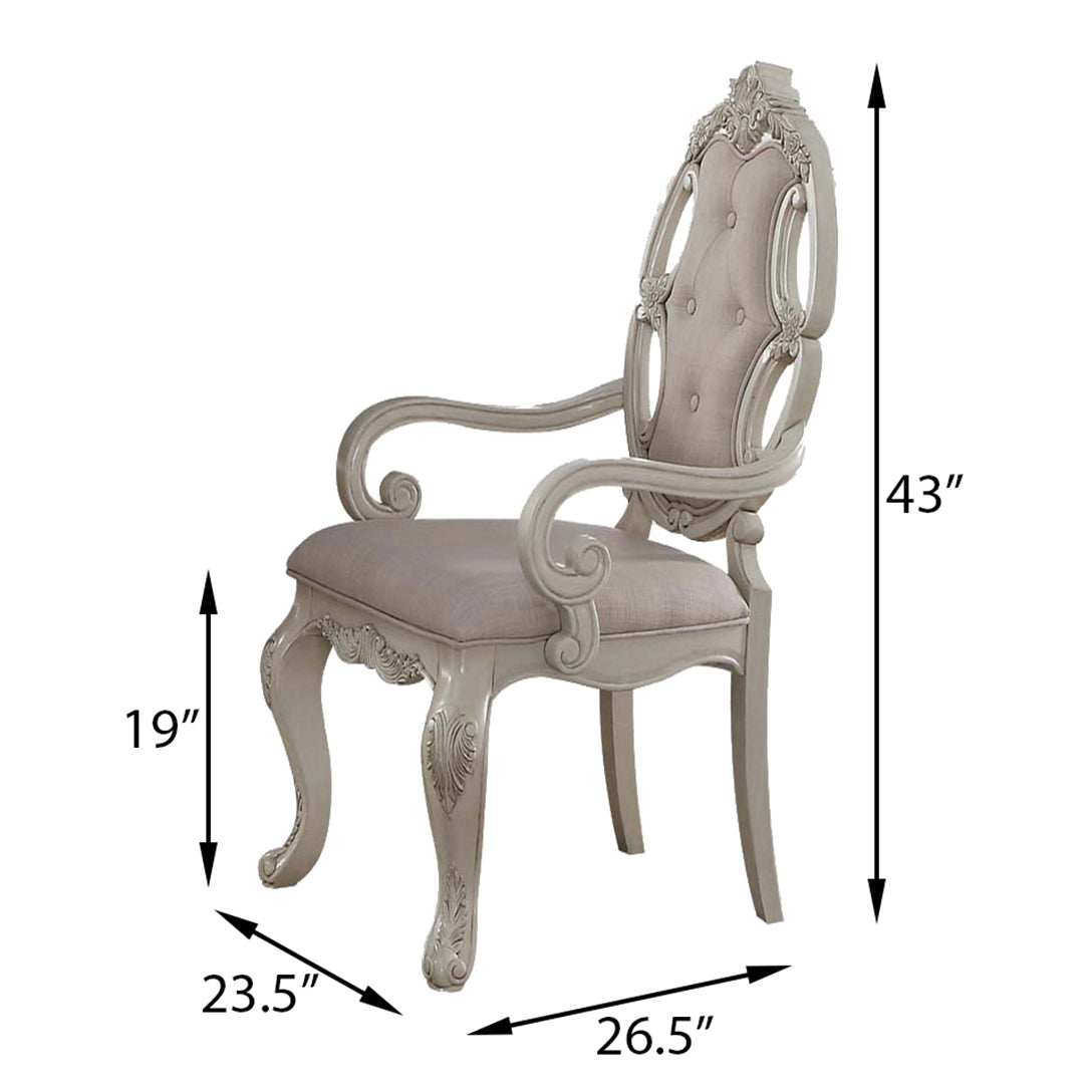 Ornate antique white dining chair with upholstered seat and back