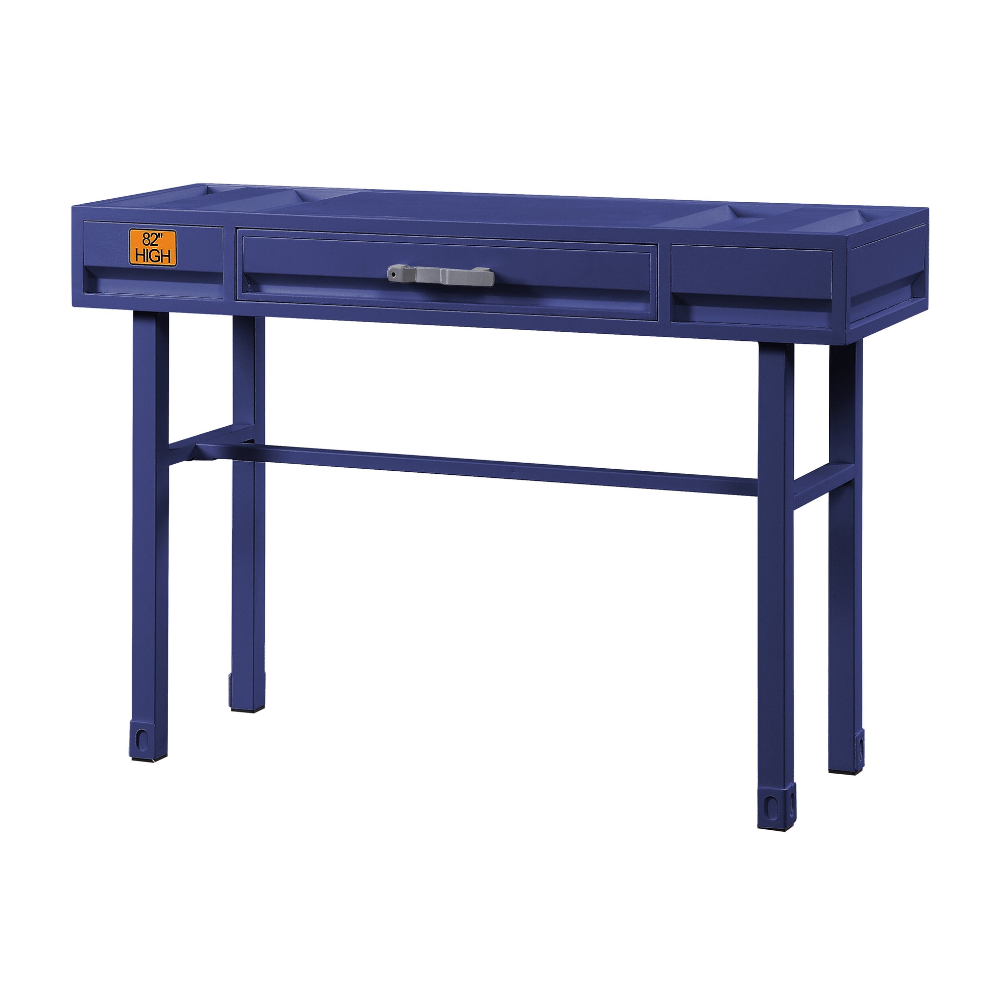 Modern navy blue console table with one drawer and sturdy metal legs ideal for hallways