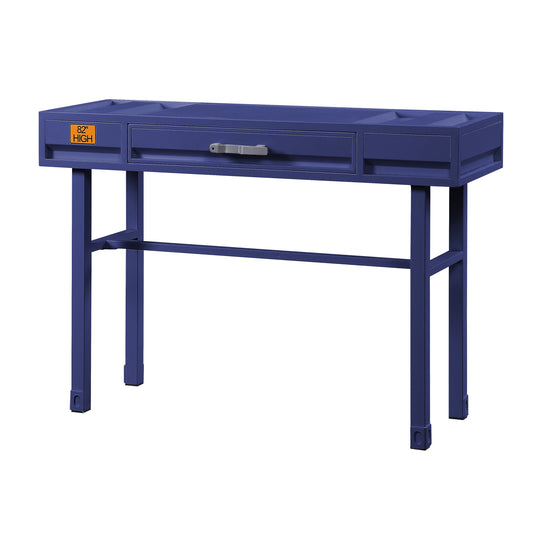 Modern navy blue console table with one drawer and sturdy metal legs ideal for hallways