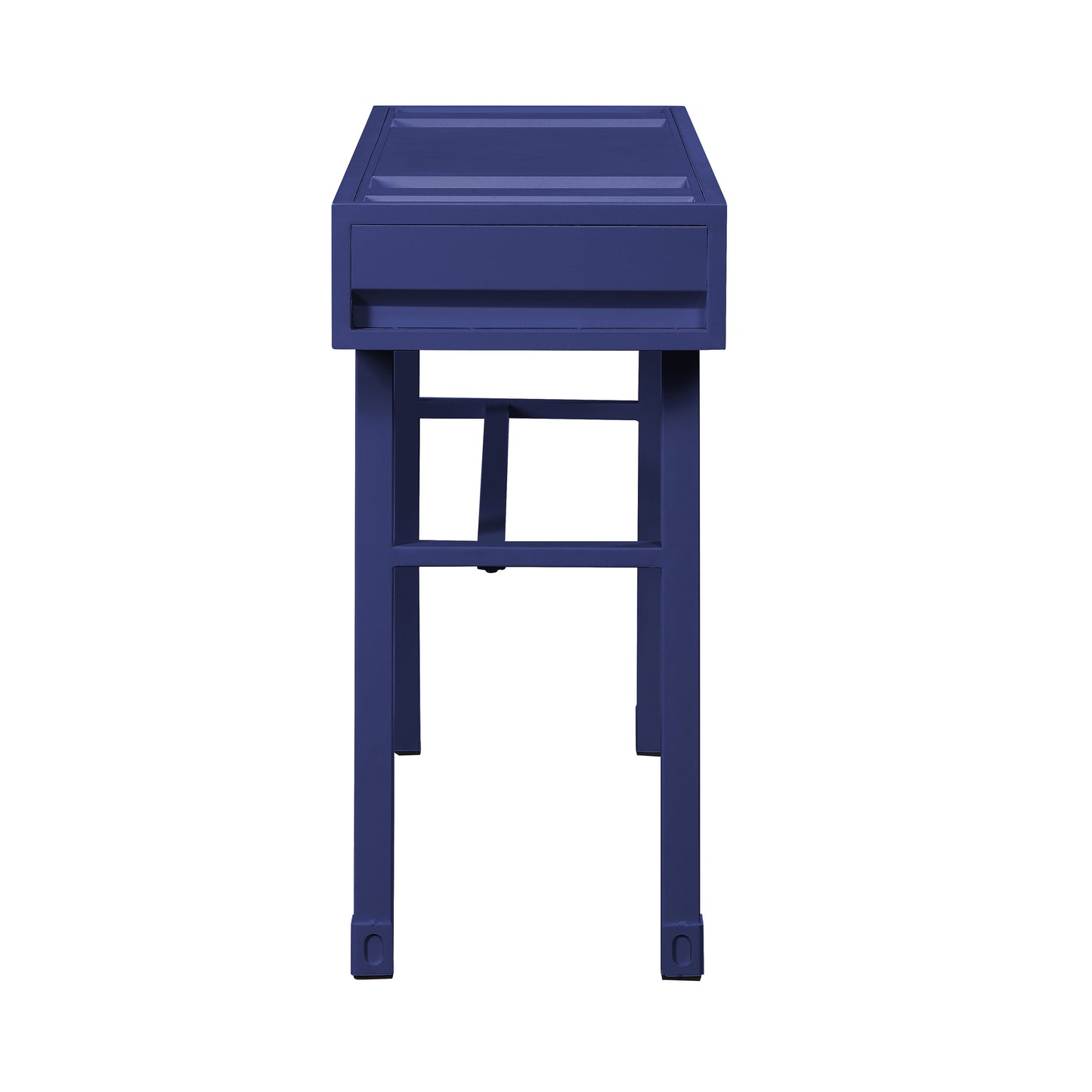 Navy blue metal side table with a single drawer and minimalist frame