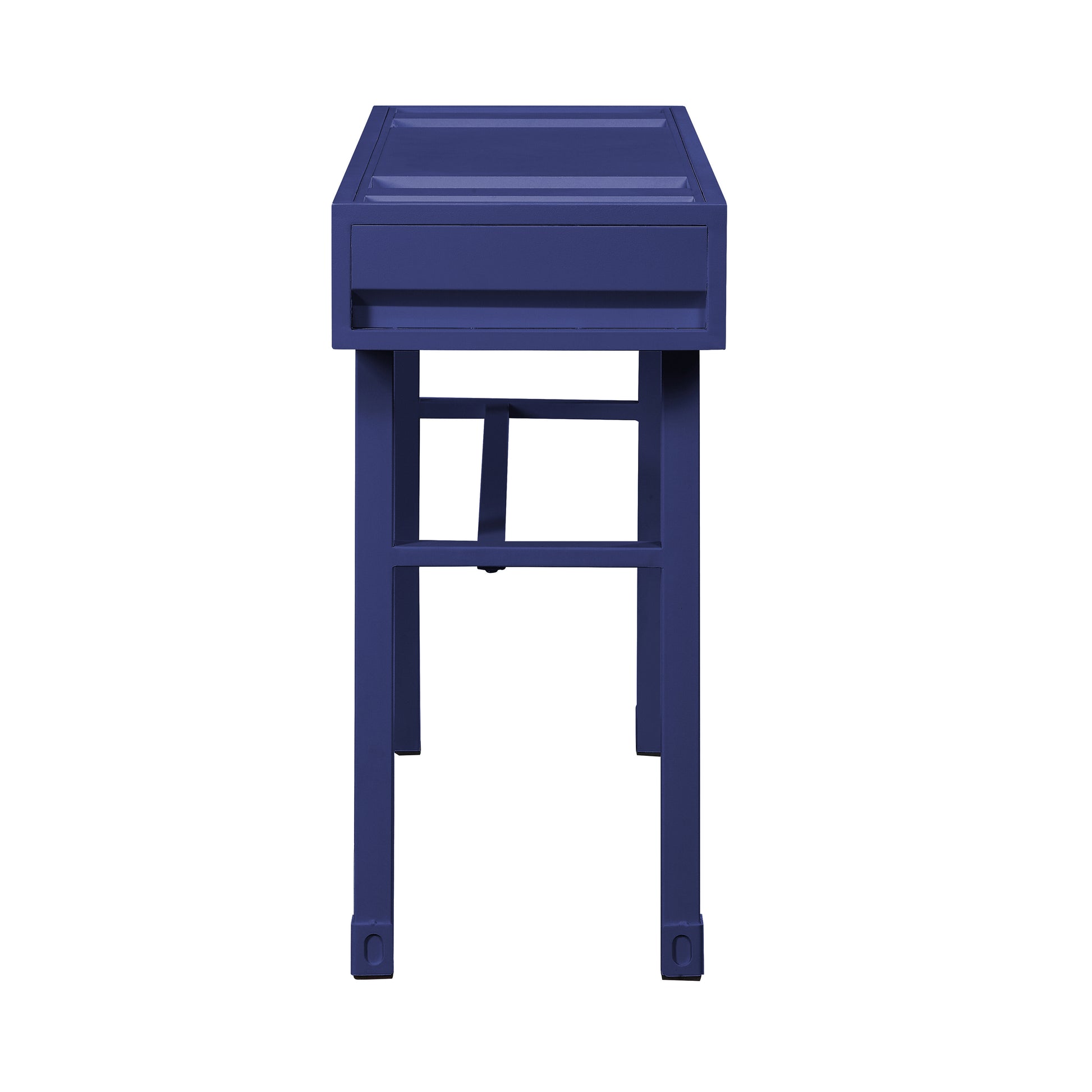 Navy blue metal side table with a single drawer and minimalist frame