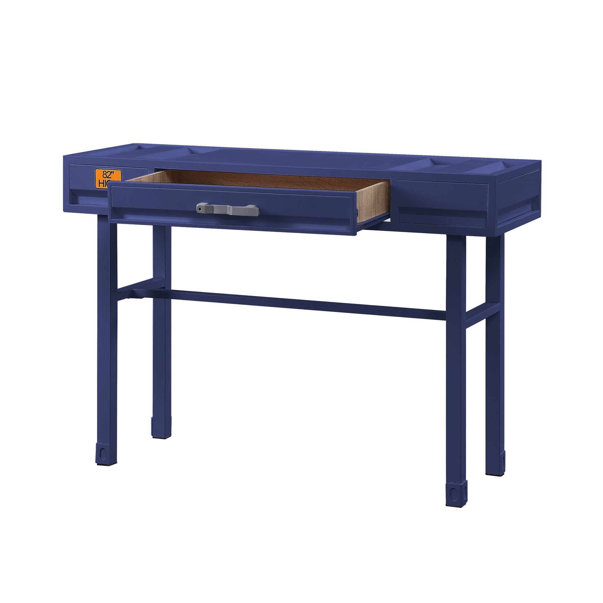 Industrial style navy blue metal console table with open drawer and grey handle