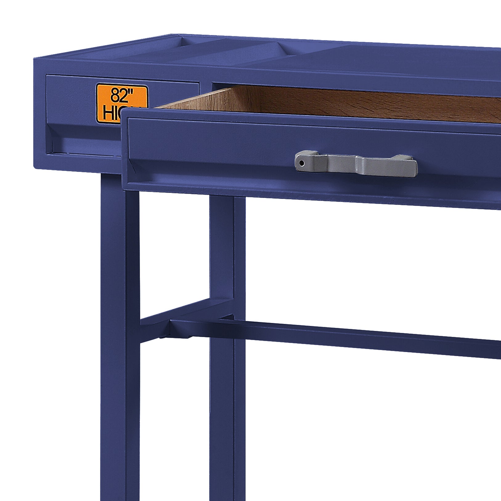 Navy blue metal console table with open drawer and wooden interior