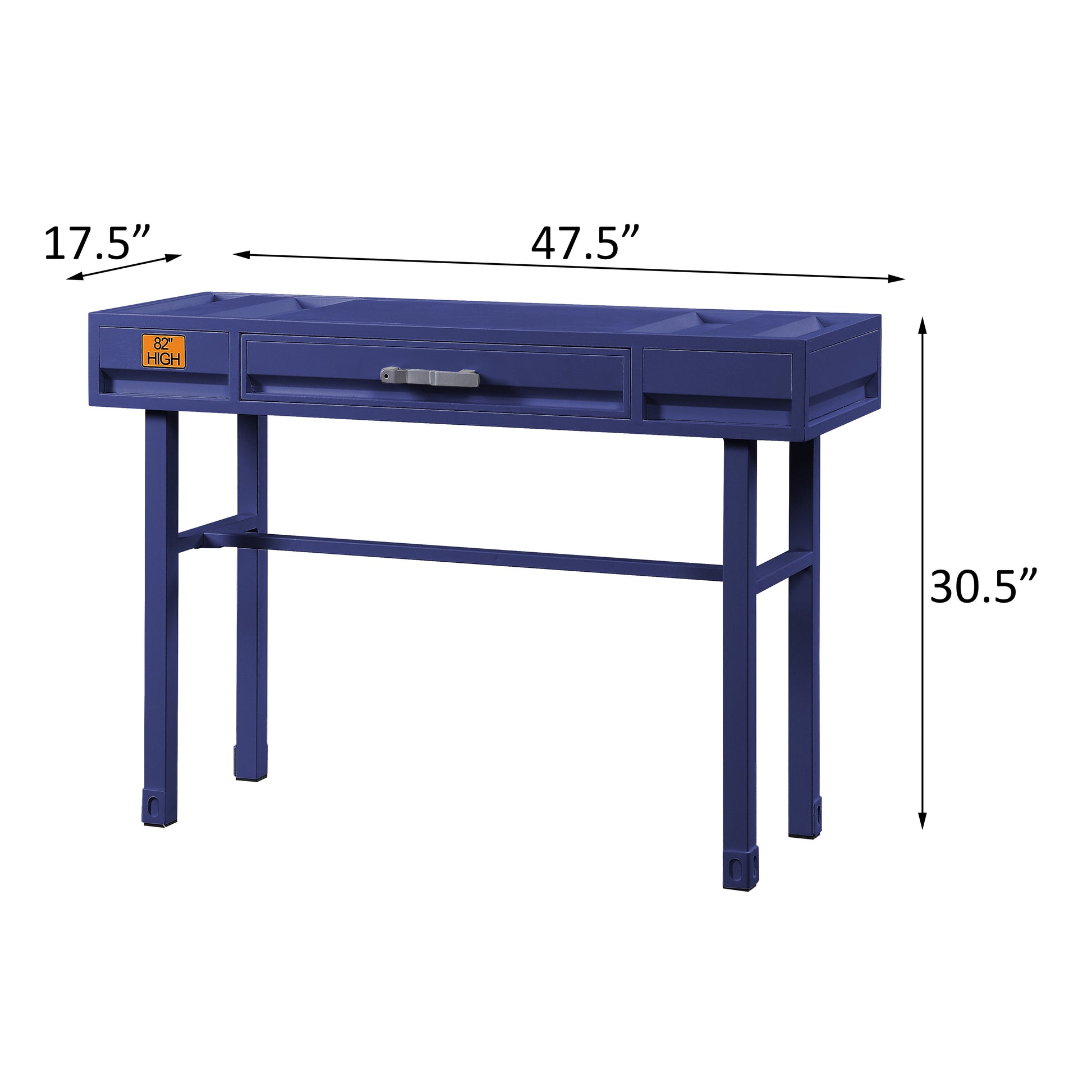 Dark blue metal console table with drawer and industrial design