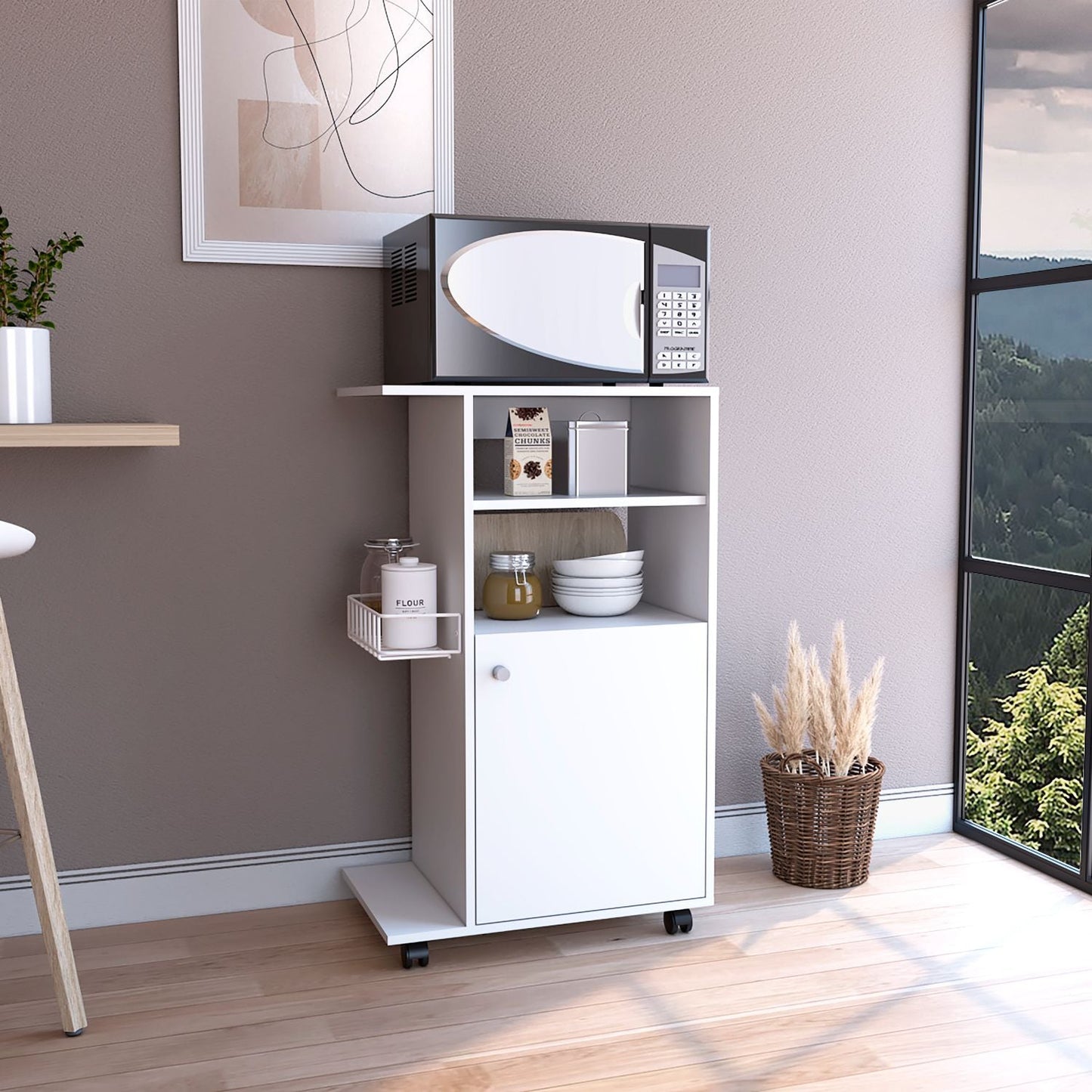 White kitchen cart with microwave and storage cabinets